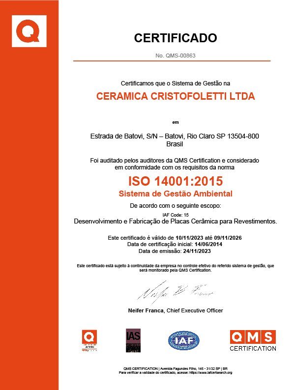 Certificações da cerâmica Cristofoletti