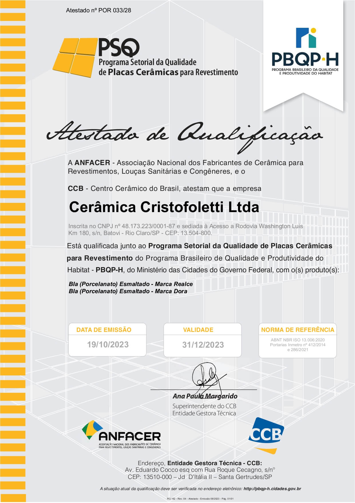 Certificações da cerâmica Cristofoletti